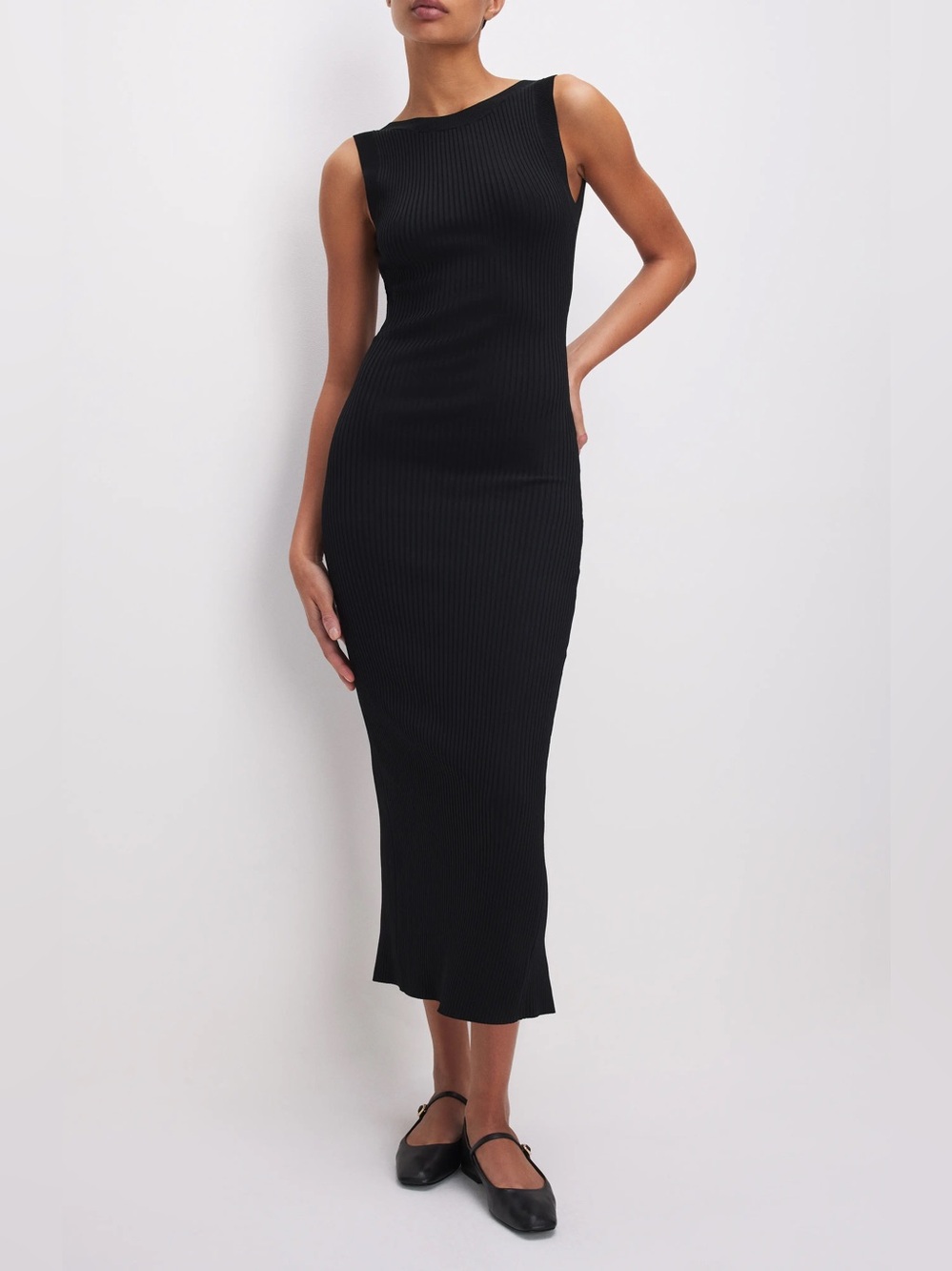NWT Good American Shine Scoopback Sleeveless Black Knit Midi Dress Womenโs Large